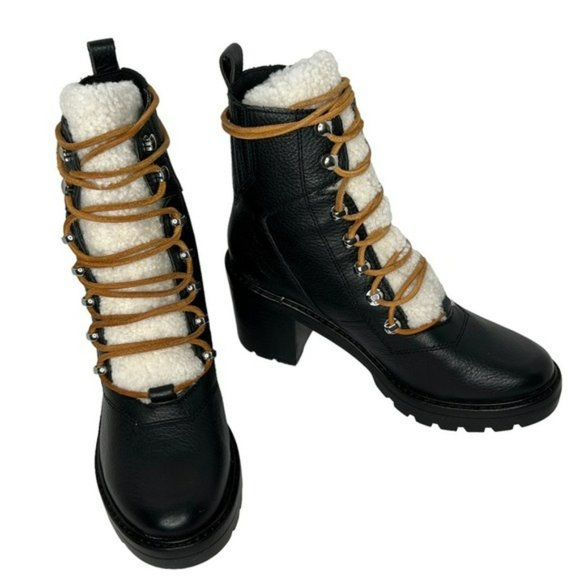 Marc Fisher Black Denise Leather Sheep Fur Combat Moto Ankle Boots Size 7.5M - Picture 16 of 16
